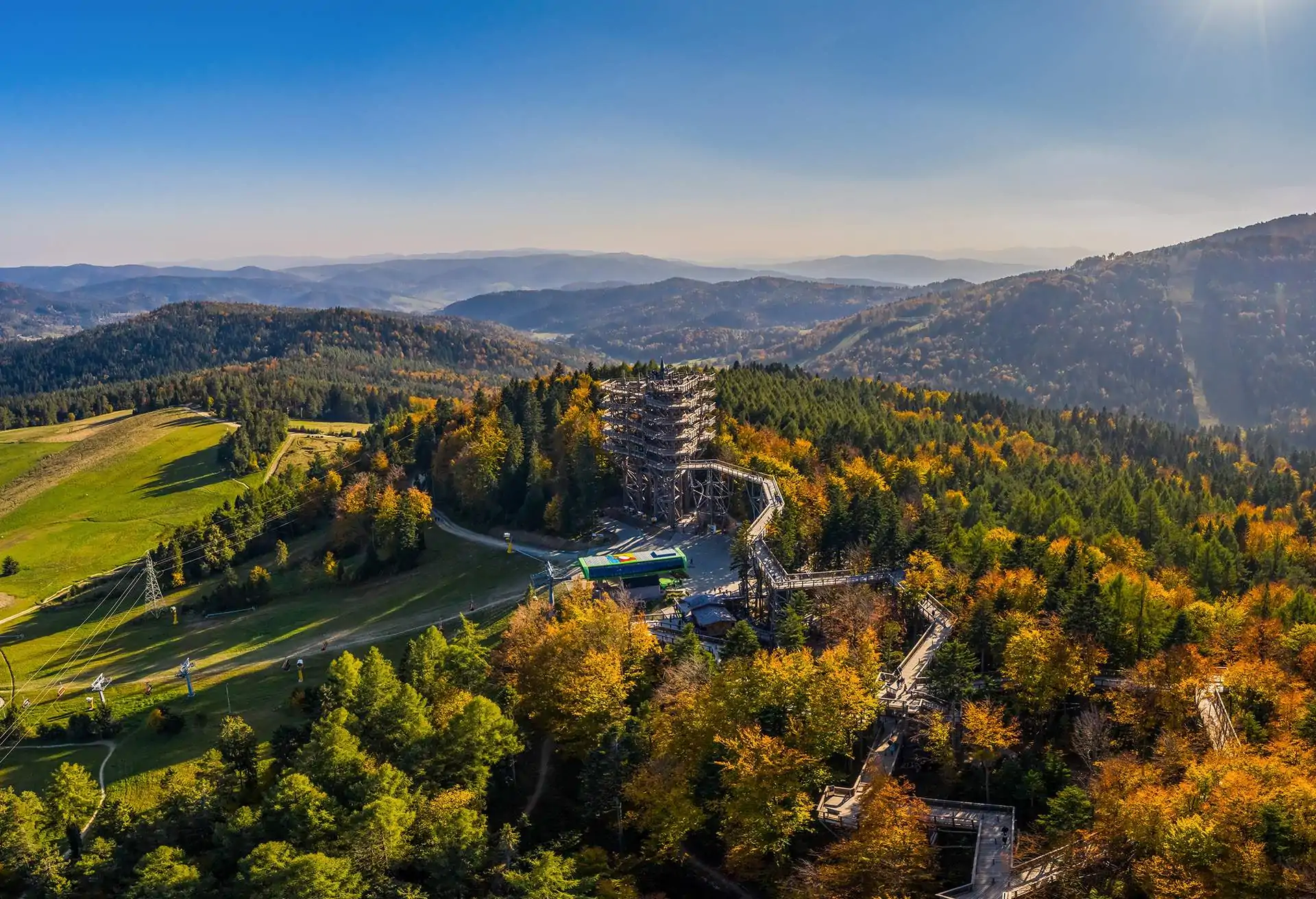 Aerial view of mountains on a sunny autumn day, Malopolska, Poland